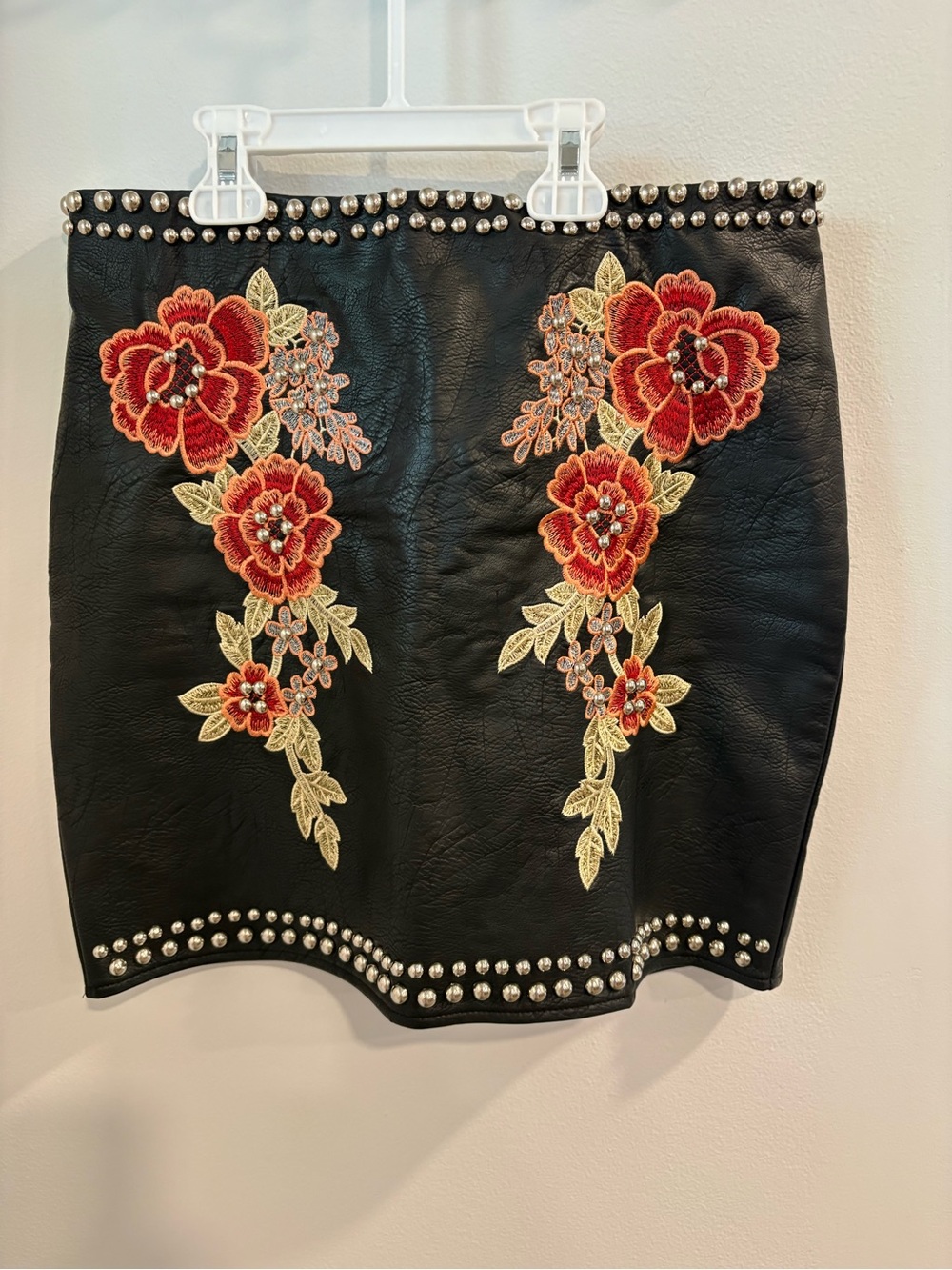 Romeo & Juliet Couture Black Faux Leather Mini Skirt with Red Floral Embroidery